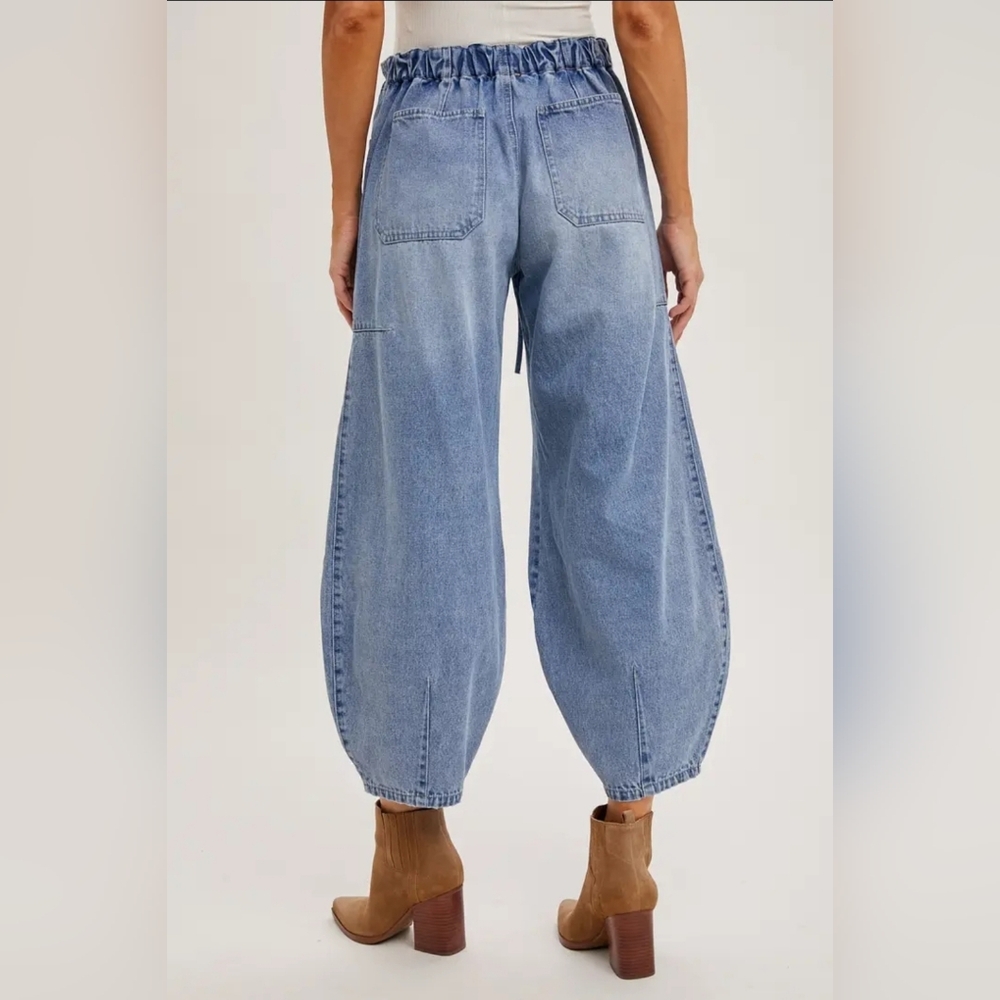 Denim Mid-Waist Drawstrings Barrel Jeans - Picture 6 of 6